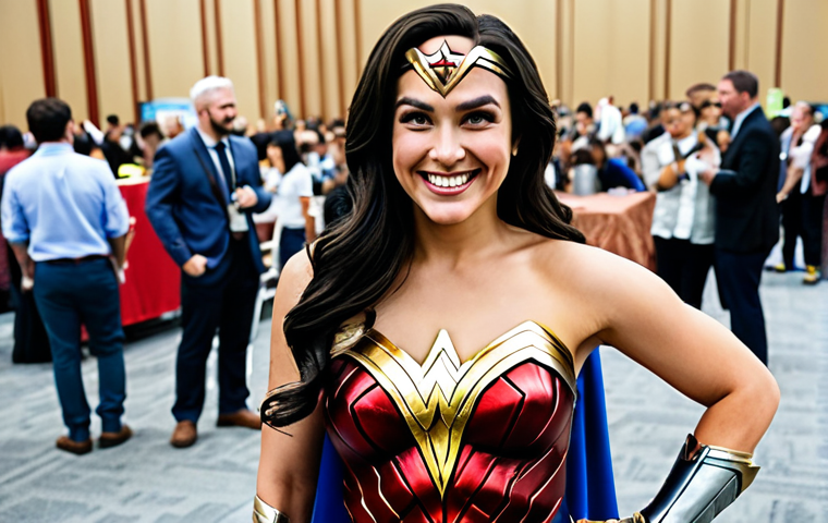 **

"A professional cosplayer, fully clothed in an elaborate Wonder Woman costume, smiling confidently at a cosplay convention, appropriate attire, safe for work, perfect anatomy, natural proportions, professional photography, high quality, modest, family-friendly."

**