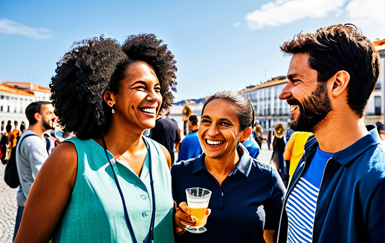 Community & Connection**

"Diverse group of fully clothed people smiling and interacting at an outdoor community event in a sunny, vibrant Portuguese city.  Focus on friendly conversation and shared experiences.  Safe for work, appropriate content, professional photography, perfect anatomy, natural proportions, modest attire, family-friendly."

**