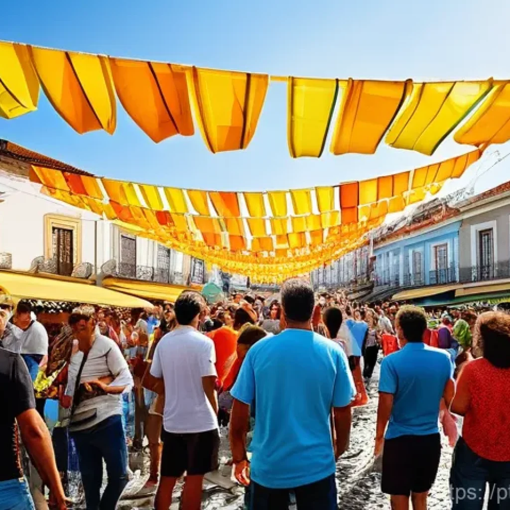 미미 캐릭터와 오프라인 이벤트 - **Prompt:** A vibrant, sun-drenched street festival in Lisbon, Portugal, teeming with happy people o...
