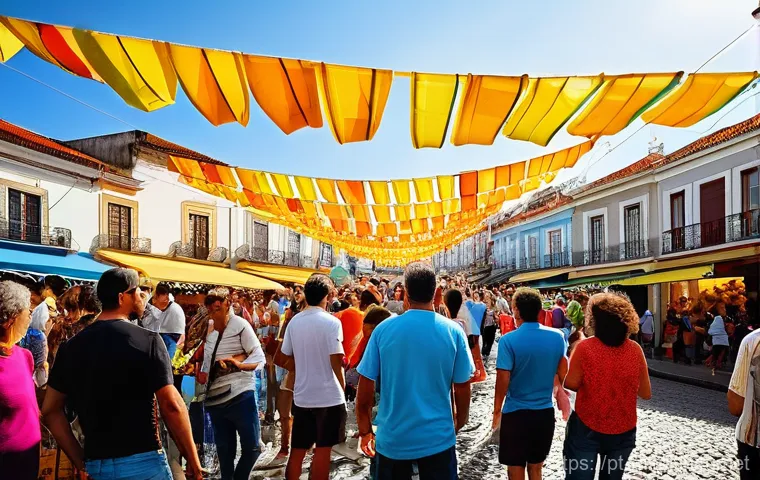 미미 캐릭터와 오프라인 이벤트 - **Prompt:** A vibrant, sun-drenched street festival in Lisbon, Portugal, teeming with happy people o...