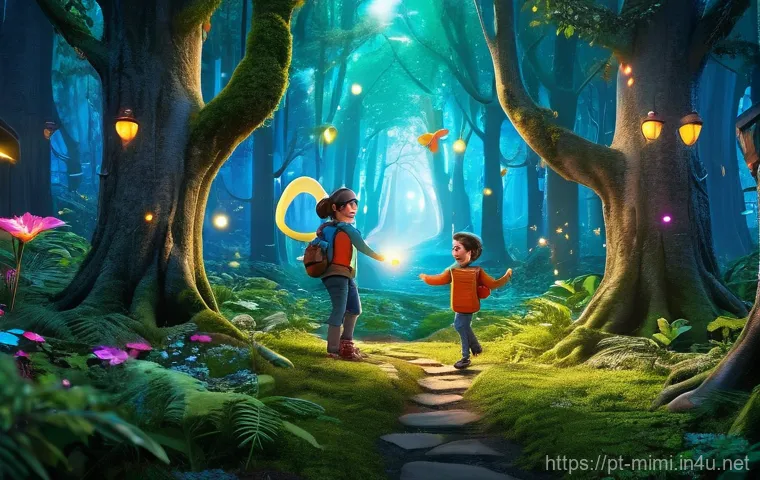 미미 테마파크 사례 분석 - **Prompt 1: Immersive Mixed Reality Forest Adventure**
"A diverse group of cheerful visitors, in...