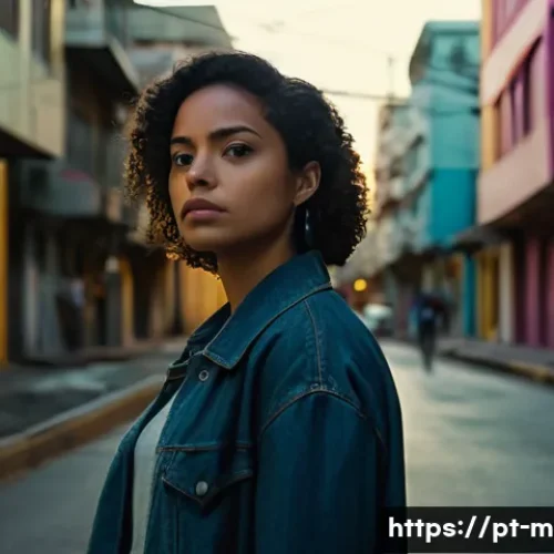 Home 31 미미와 영화화 가능성 분석 - A cinematic scene featuring a young adult woman in casual urban clothing, standing thoughtfully on a...