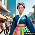 Home 18 미미와 한국 캐릭터 산업의 협업 - A vibrant digital artwork featuring a modern Korean character blending traditional hanbok elements w...