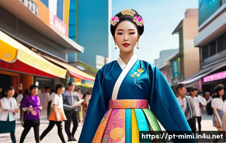 미미와 한국 캐릭터 산업의 협업 - A vibrant digital artwork featuring a modern Korean character blending traditional hanbok elements w...