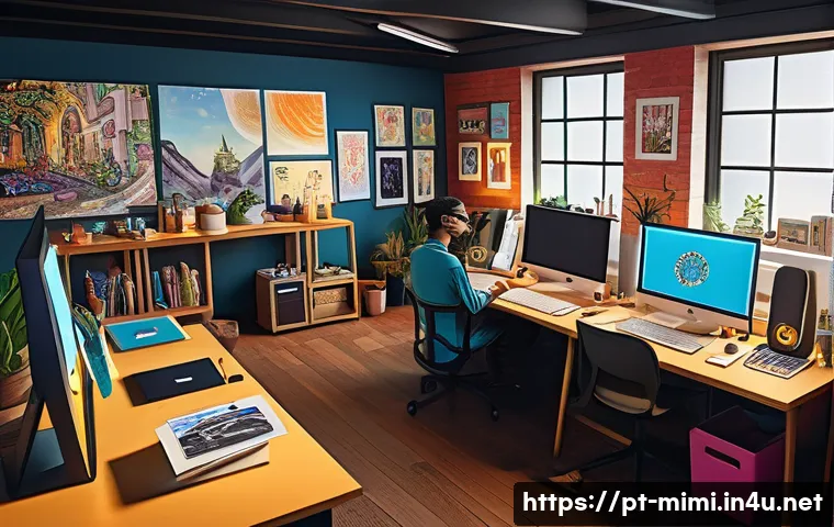 미미와 팬아트 커뮤니티 - A vibrant digital art community workspace featuring diverse artists collaborating organically in a c...
