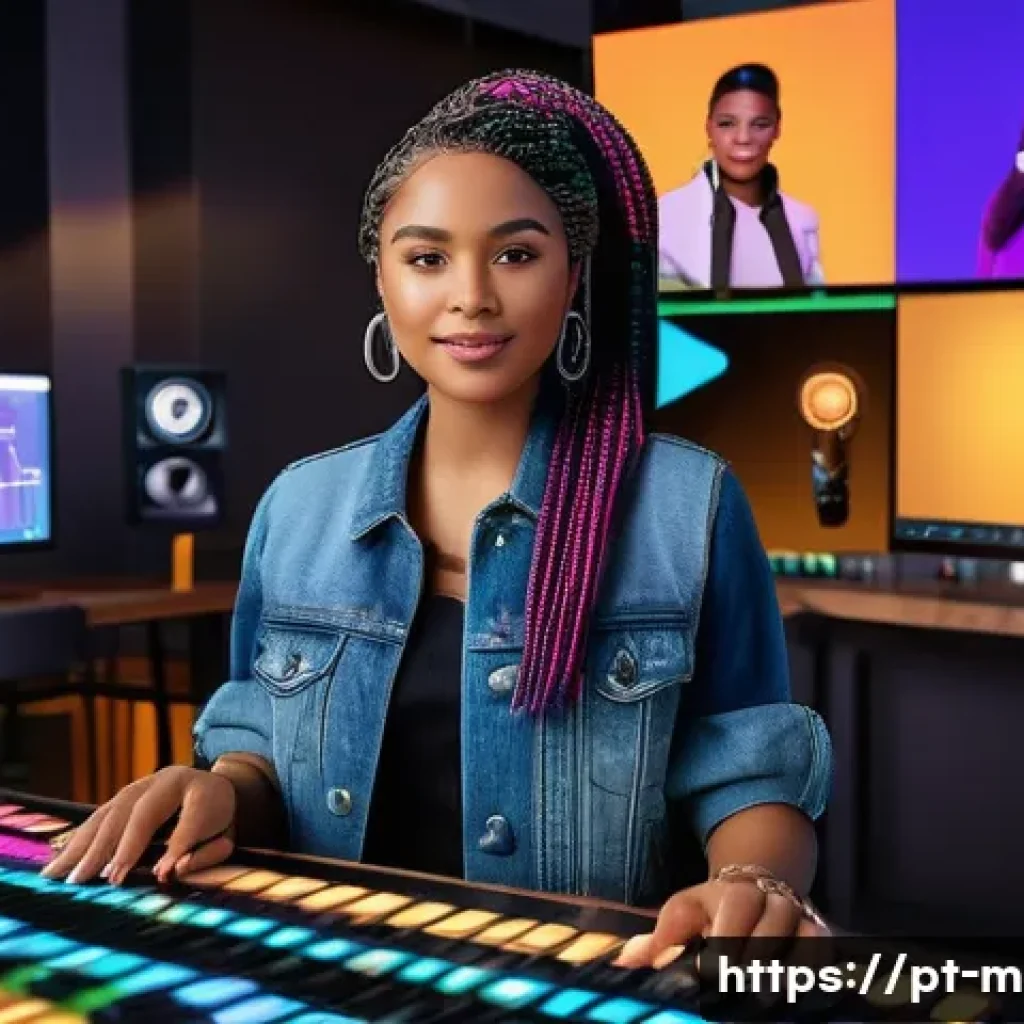 미미의 엔터테인먼트 산업 내 역할 - A vibrant digital artist studio scene showcasing a young multicultural female singer-songwriter surr...