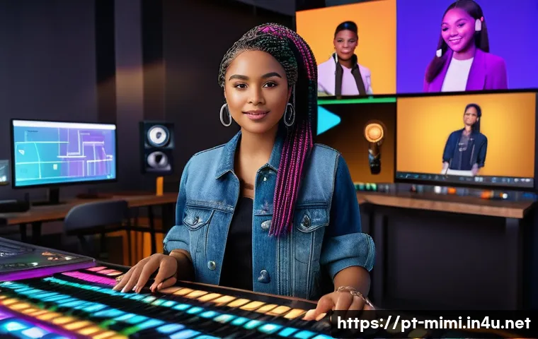 미미의 엔터테인먼트 산업 내 역할 - A vibrant digital artist studio scene showcasing a young multicultural female singer-songwriter surr...