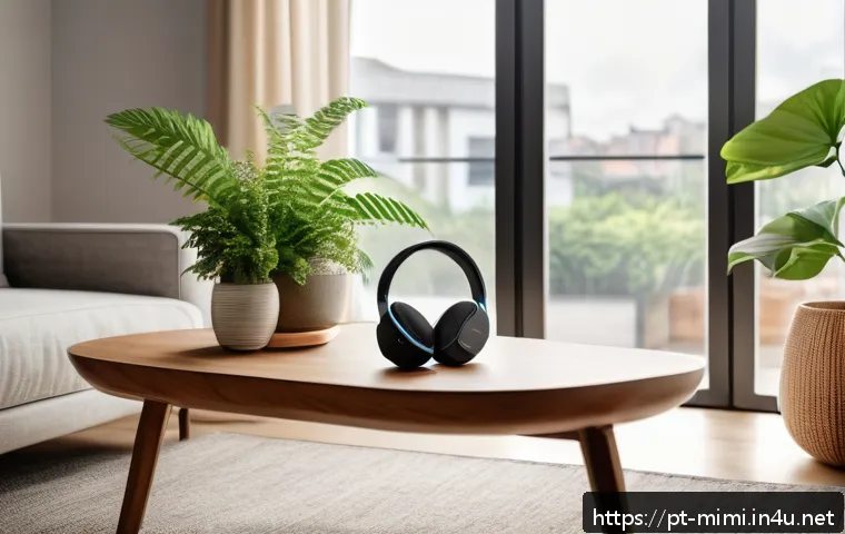 미미와 인기 굿즈 순위 - A modern Brazilian living room featuring smart home technology: sleek wireless noise-cancelling head...