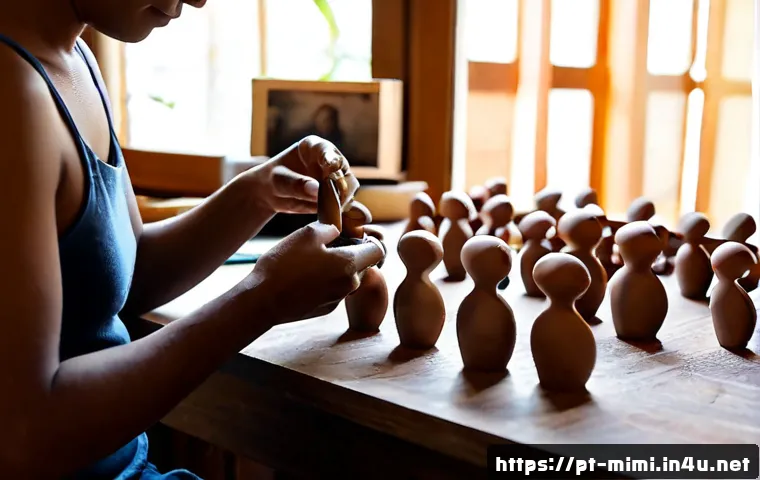 미미 캐릭터 제작사의 연혁 - Photorealistic creative studio in São Paulo, Brazil, showing an experienced character designer caref...